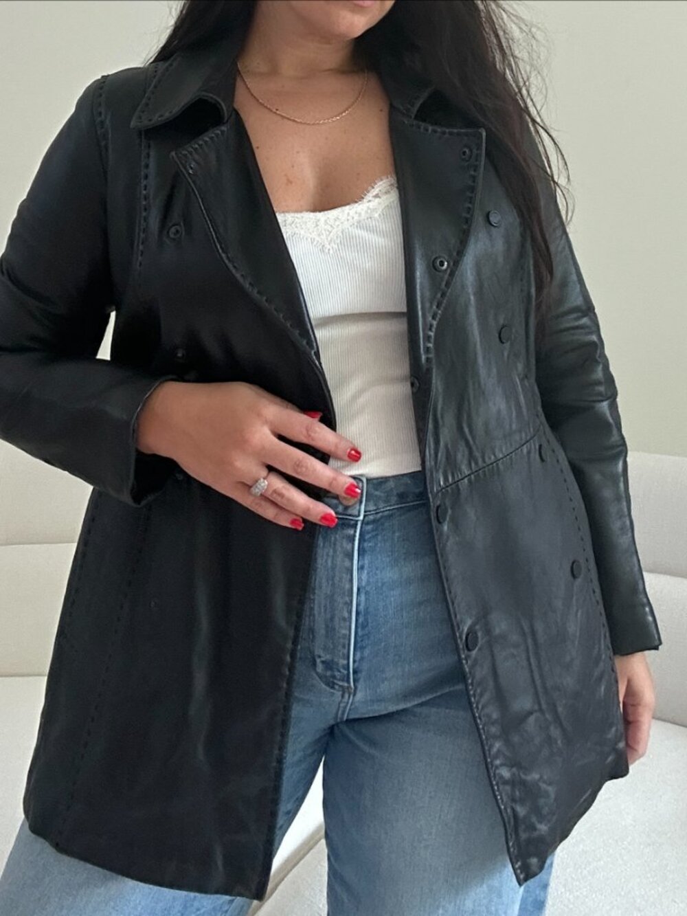 Calvin Klein 90's Black Double Breasted Leather Jacket Size M Top-Stitch Minimal